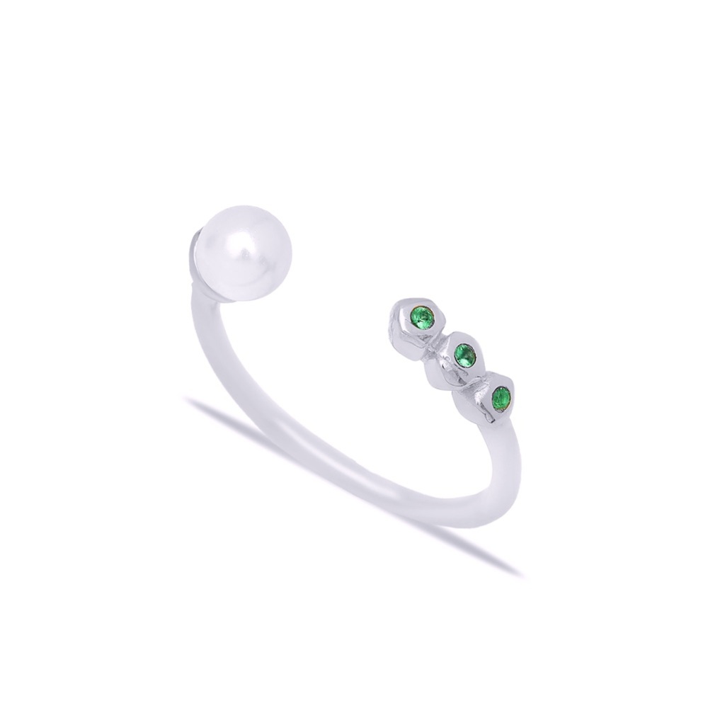 🤍🌿🌟PRICE DRO🔥 Handmade 925 Sterling Silver Pearl & Emerald CZ Adjustable Ring